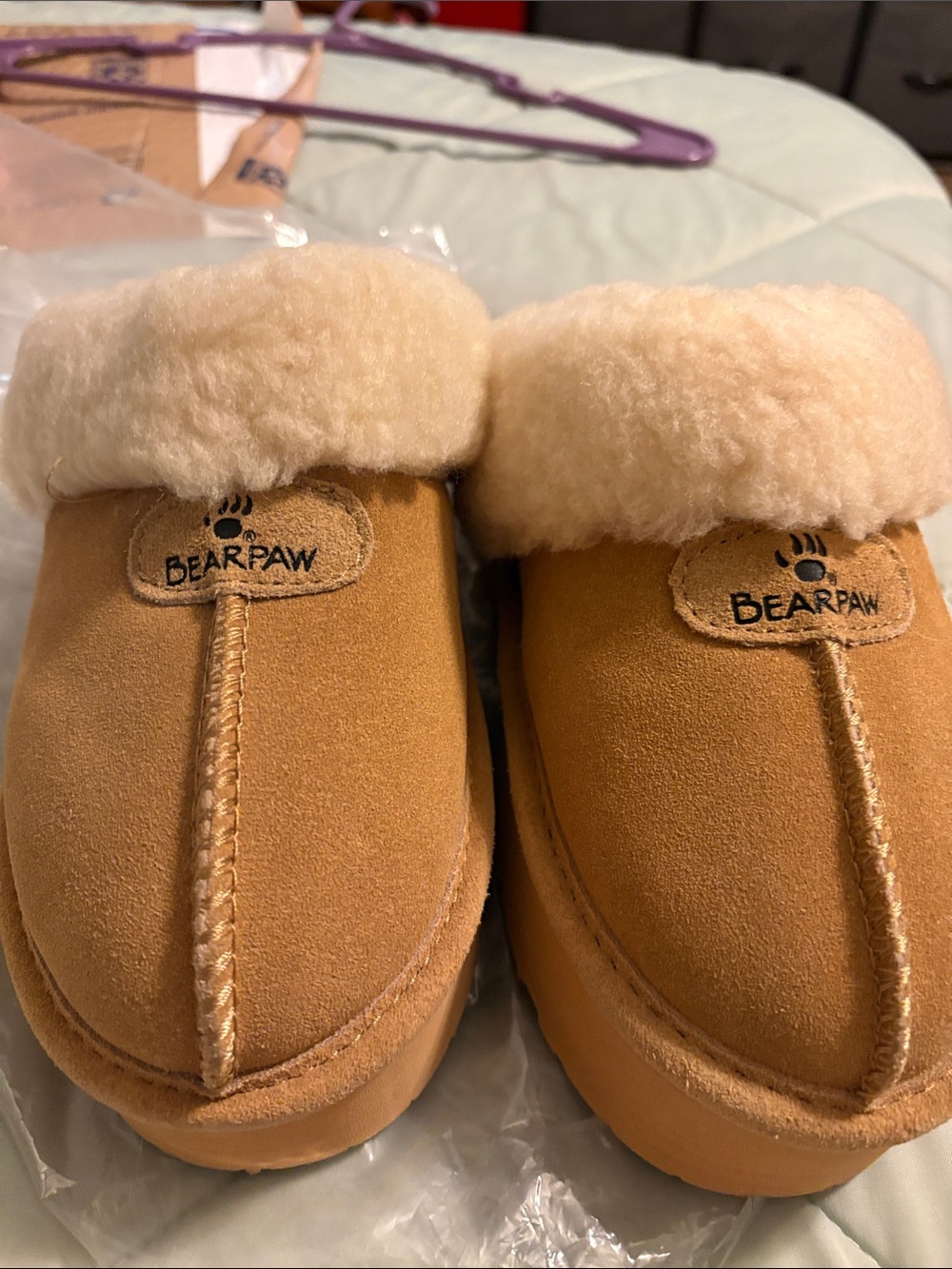 BearPaw women’s Tan Suede Slip-On Slippers with Cream Shearling Cuff